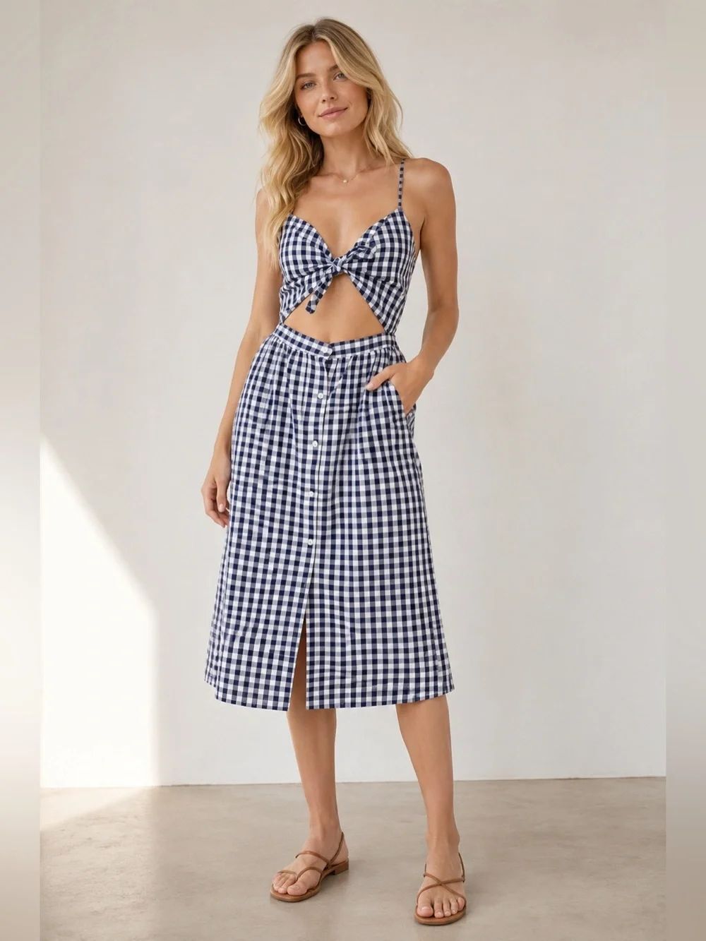 Zara Woman Navy & White Gingham Dress
